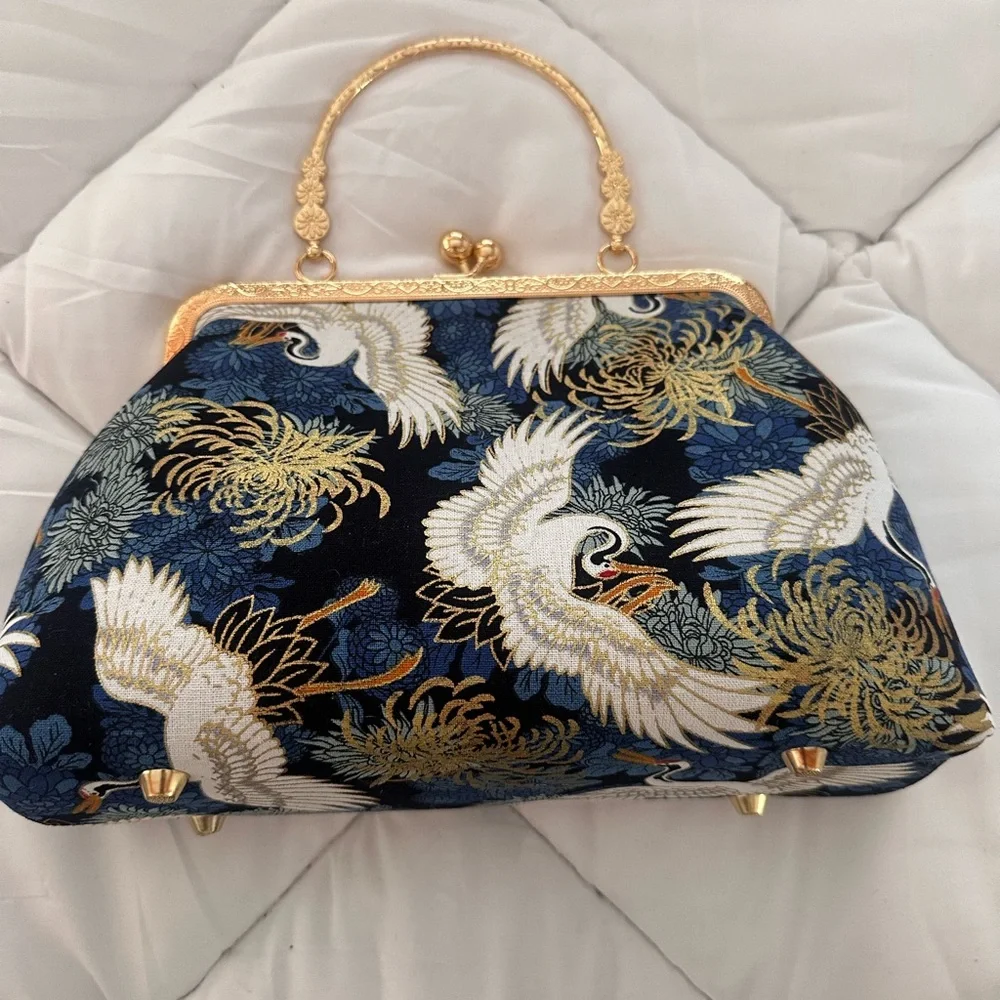 Gold Frame Crane Print Clutch Purse Brocade Evening Bag | Detachable Chain Strap - Picture 1 of 5